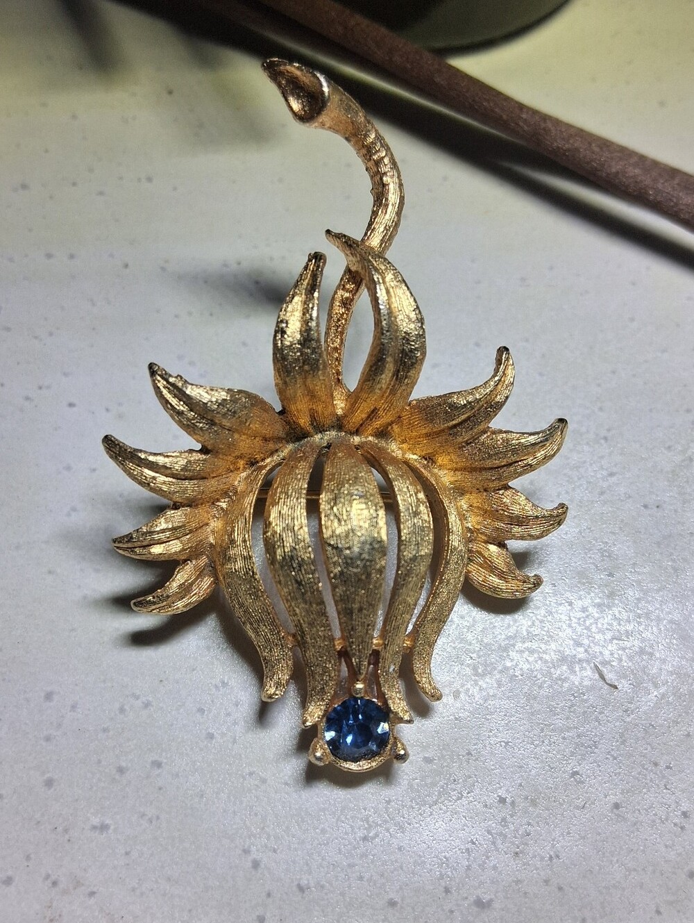Vintage Signed Marbella Gold Tone Scottish Thistle Flower Blue Stone Brooch Pin